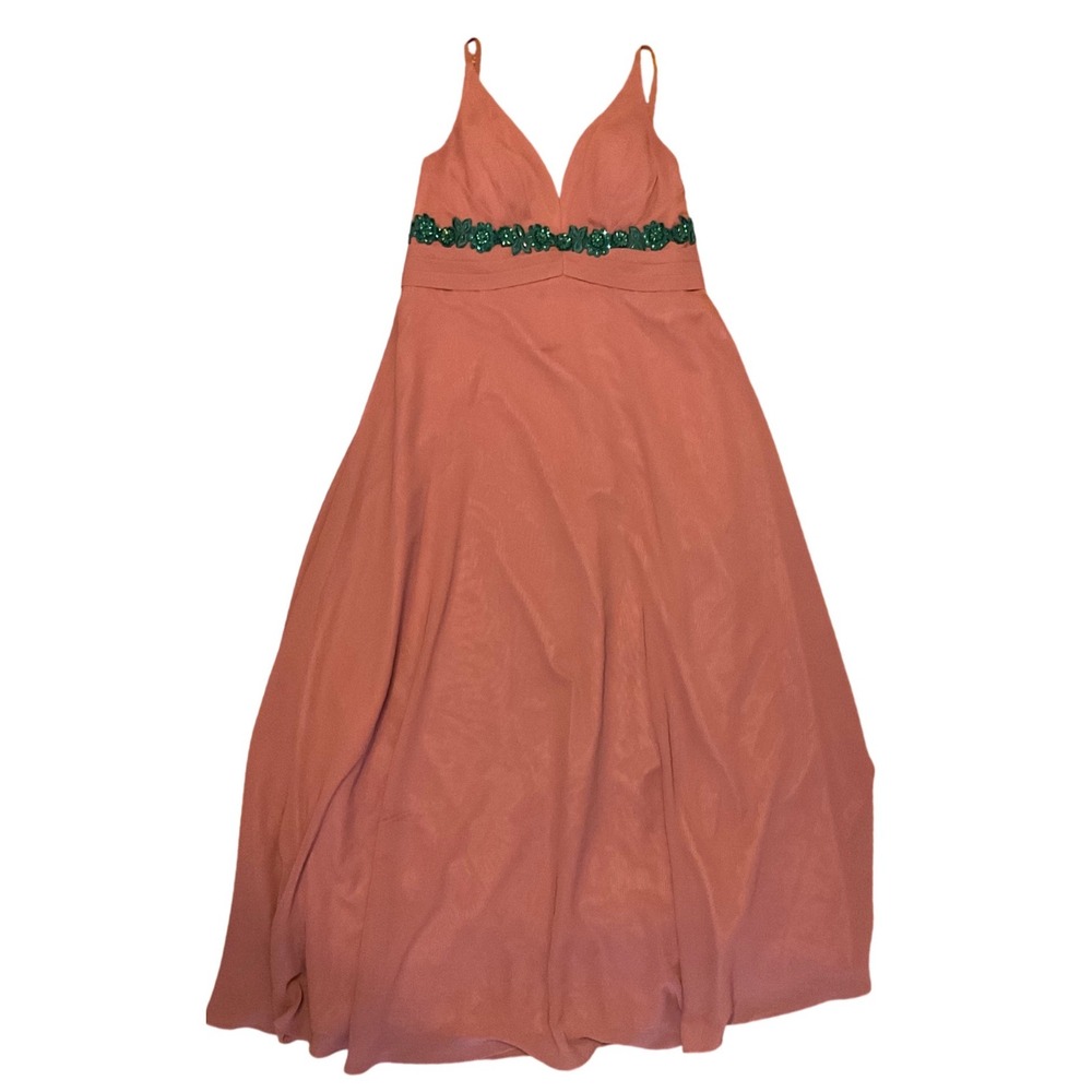 JJ's House Formal Gown Dusty Rose Chiffon Green Beaded Waist Maxi Dress Medium